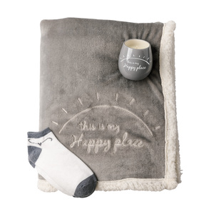 Happy Place by Warm and Fuzzy - 42" x 50" Sherpa Lined, Royal Plush Blanket Gift Set