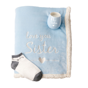 Sister by Warm and Fuzzy - 42" x 50" Sherpa Lined, Royal Plush Blanket Gift Set
