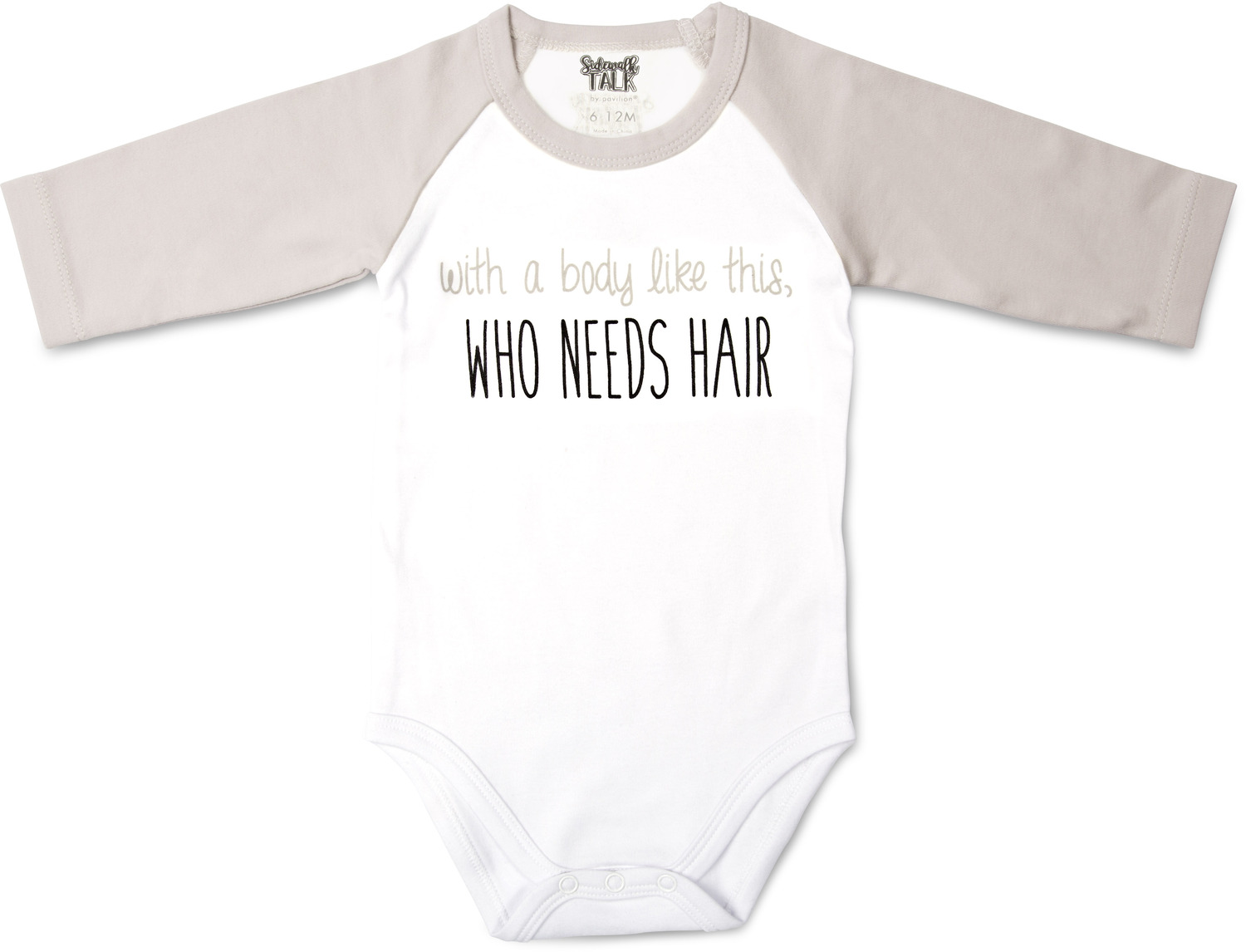 Who Needs Hair by Sidewalk Talk - Who Needs Hair - 6-12 Months 3/4 Length Gray Sleeve Onesie