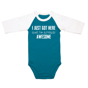 Already Awesome by Sidewalk Talk - 6-12 Months
3/4 Length Sleeve Prussian Blue  Onesie