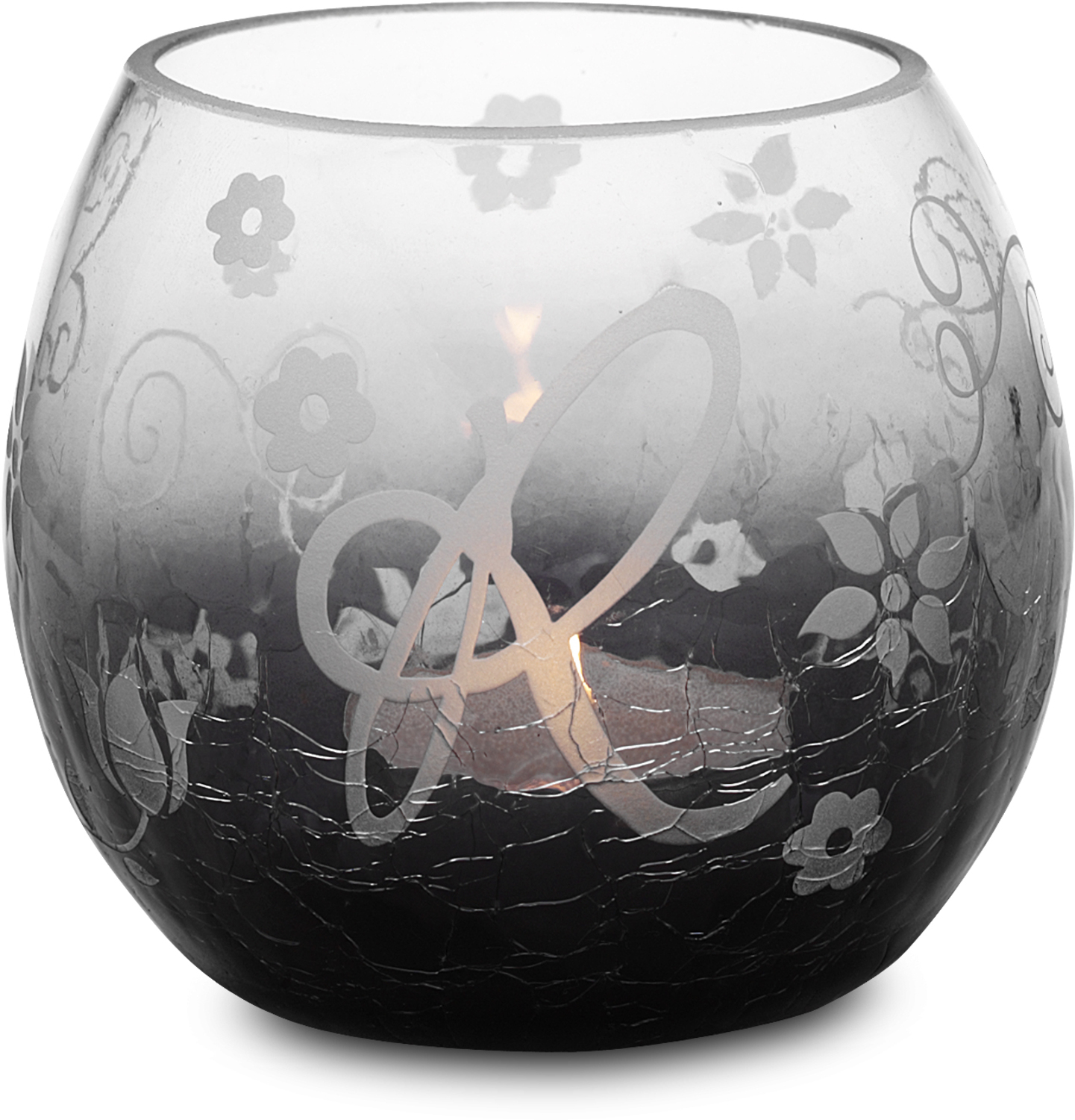 R Glass Candle Holder with Tealight by Black Tie - R Glass Candle Holder with Tealight - 3.5" Crackled Glass