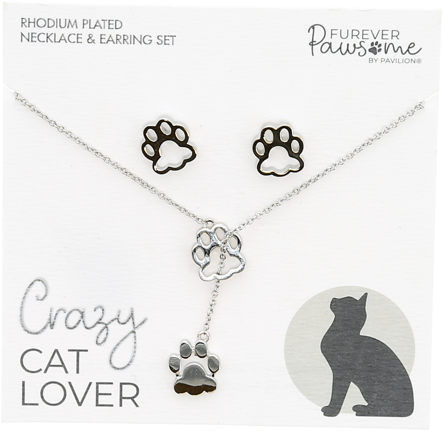 Cat Lover by Furever Pawsome - Cat Lover - Rhodium Plated Adjustable Necklace and Earring Set