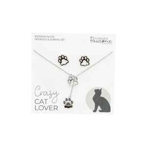 Cat Lover by Furever Pawsome - Rhodium Plated Adjustable Necklace and Earring Set