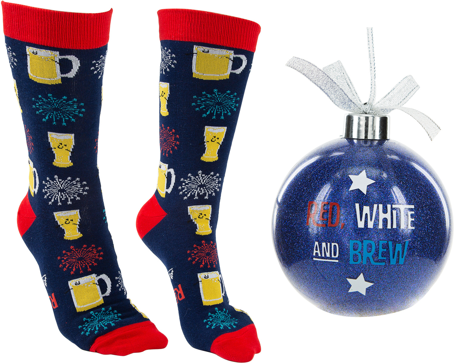 Red, White and Brew by Late Night Last Call - Red, White and Brew - 4" Ornament  with Unisex Holiday Socks