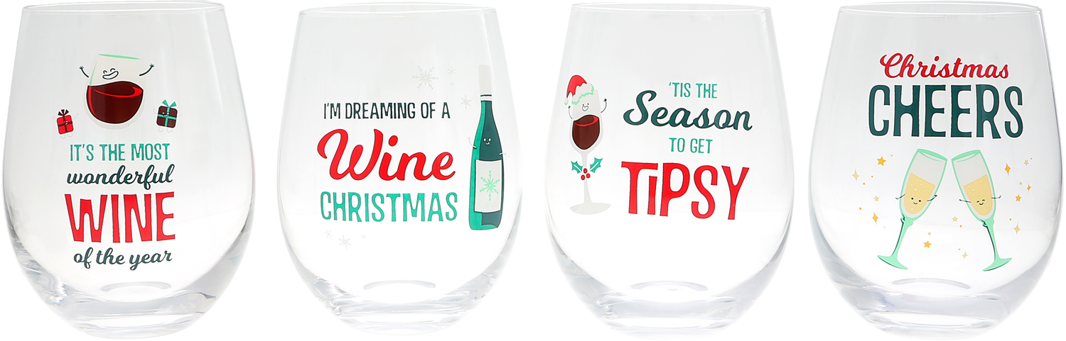 Holiday Wine Glasses by Late Night Last Call - Holiday Wine Glasses - 18 oz Stemless Wine Glasses
(Set of 4 )