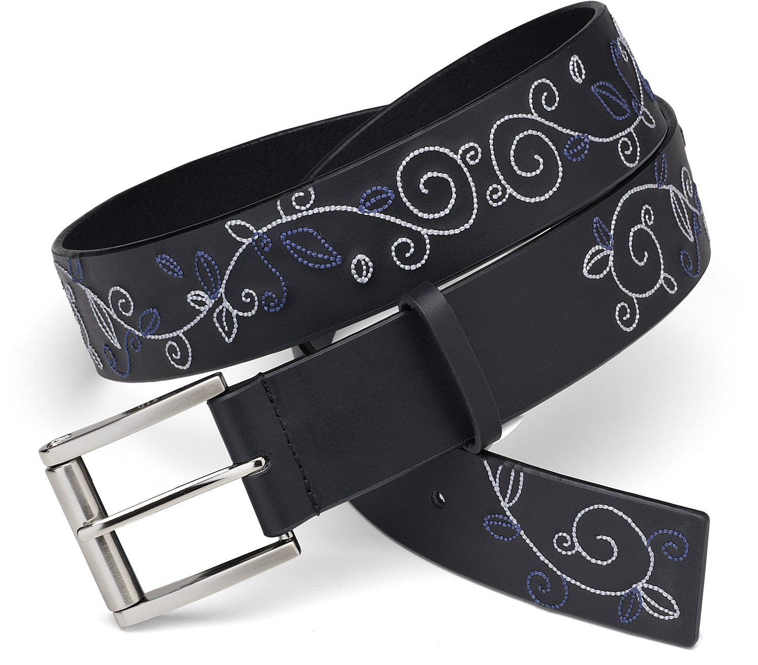 Blue & White Stitched Belt by LAYLA - Blue & White Stitched Belt - 43" Black Leather