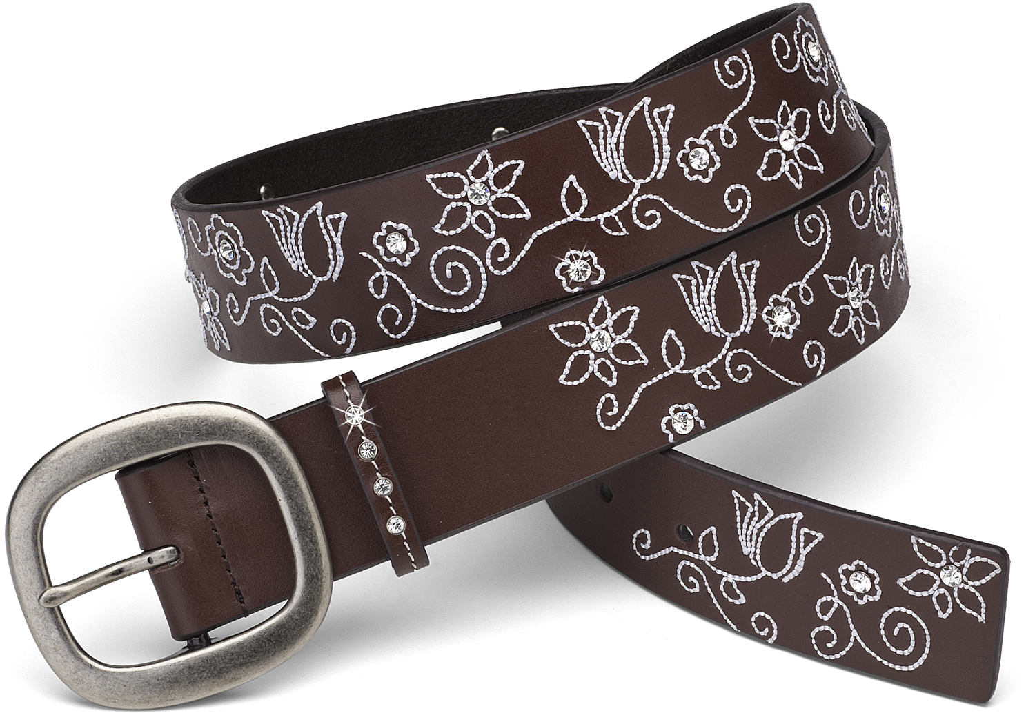 White Floral Stitched Belt by LAYLA - White Floral Stitched Belt - 43" Brown Leather & Gem
