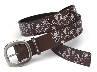 White Floral Stitched Belt by LAYLA - 43" Brown Leather & Gem