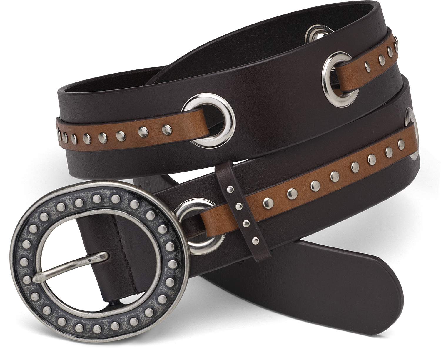 Brown & Camel Grommet Belt by LAYLA - Brown & Camel Grommet Belt - 43" Leather & Stud