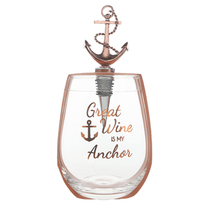 Anchor by Hostess with the Mostess - Bottle Stopper and 20 oz Stemless Gift Set