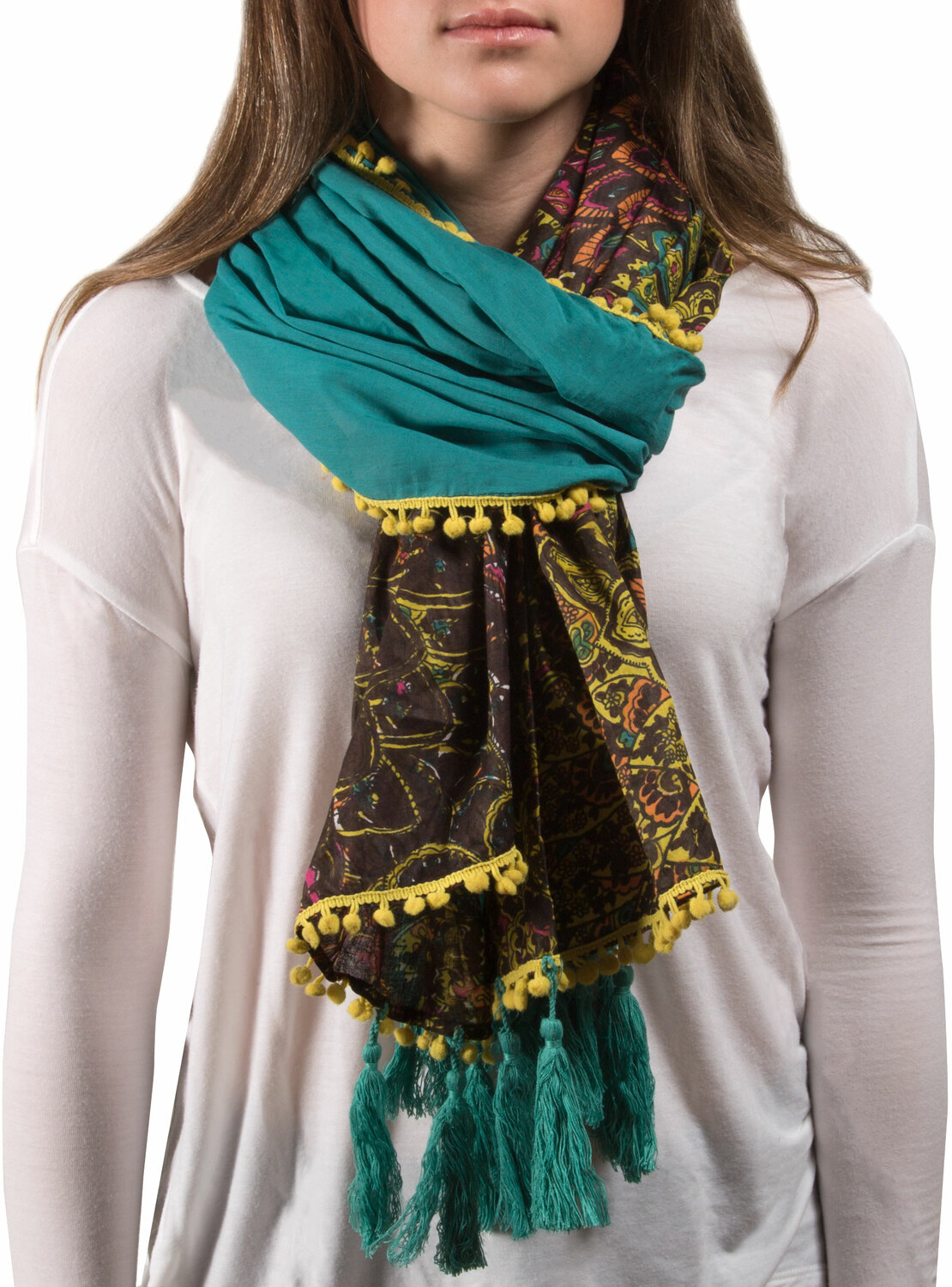 Peacock Cotton Scarf by H2Z - Destination Bags and Scarves - Peacock Cotton Scarf - 20" x 71" Multicolor Floral Scarf