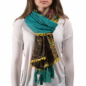 Peacock Cotton Scarf by H2Z - Destination Bags and Scarves - 20" x 71" Multicolor Floral Scarf