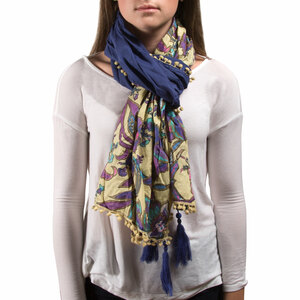 Indienne Floral Cotton Scarf by H2Z - Destination Bags and Scarves - 20"x71" Ecru/Pur Scarf