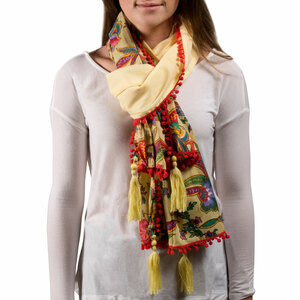 Indienne Floral Cotton Scarf by H2Z - Destination Bags and Scarves - 20"x71" Ecru/Coral Scarf