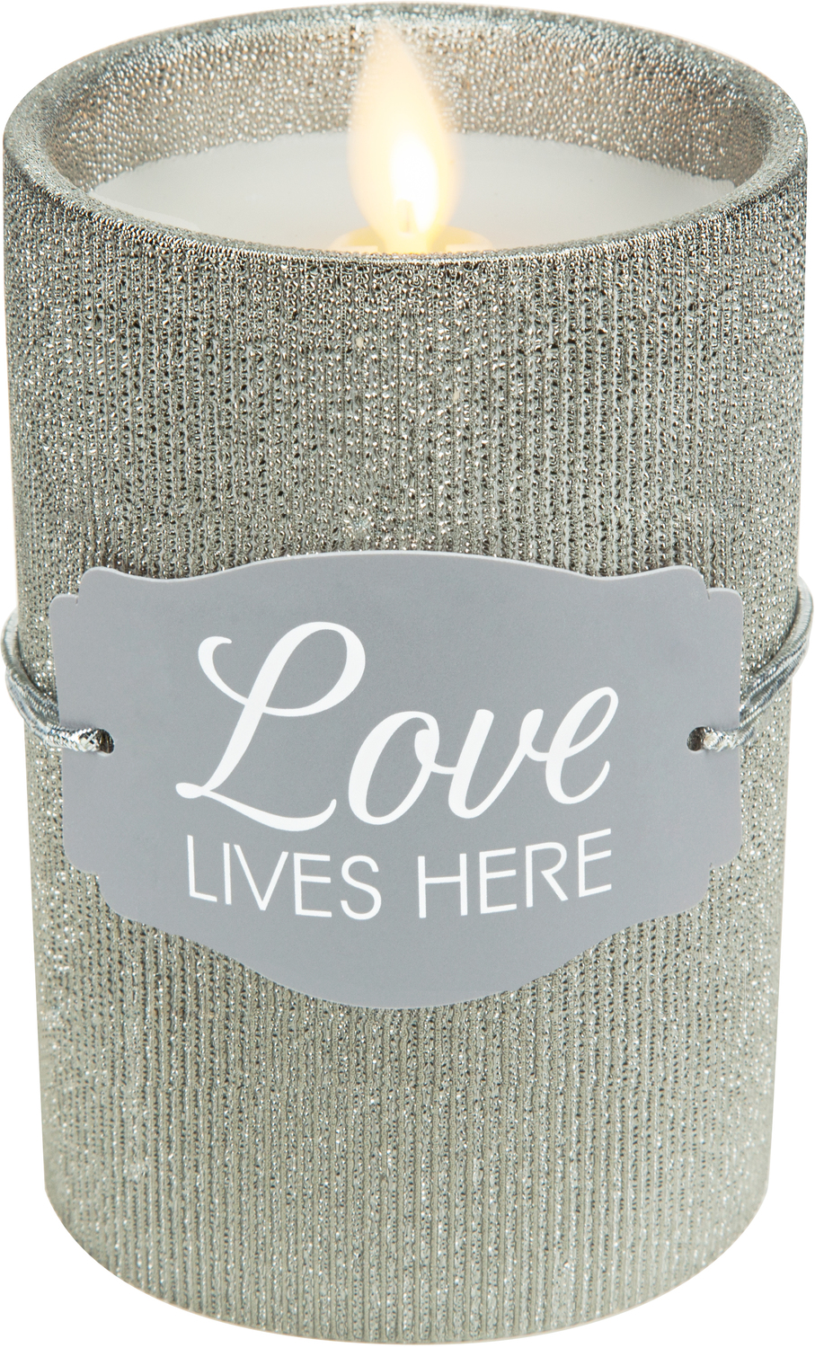 Love by Candle Decor - Love - 4.75" Pewter Glitter Realistic Flame Candle 