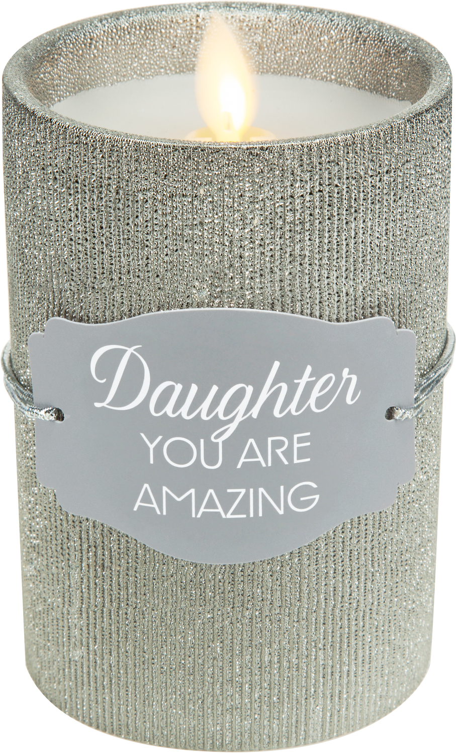 Daughter by Candle Decor - Daughter - 4.75" Pewter Glitter Realistic Flame Candle 