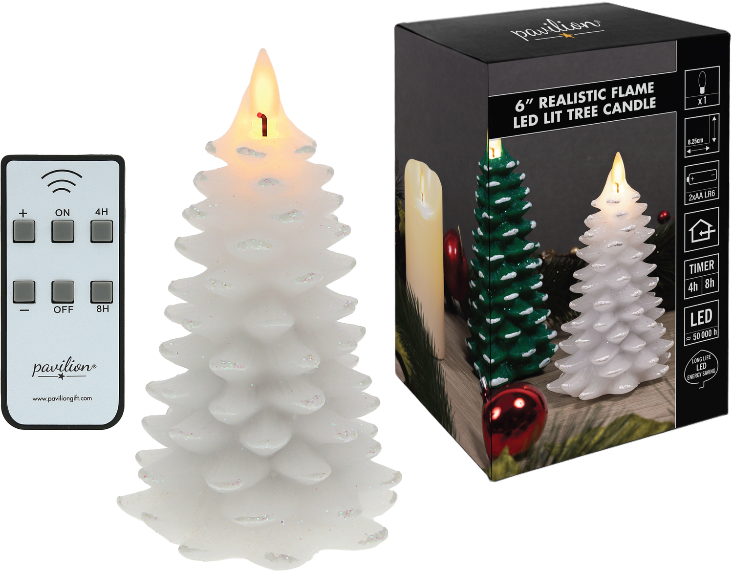 White Frosted Pine Tree by Pavilion Accessories - White Frosted Pine Tree - 6" Realistic Flame LED Lit Candle