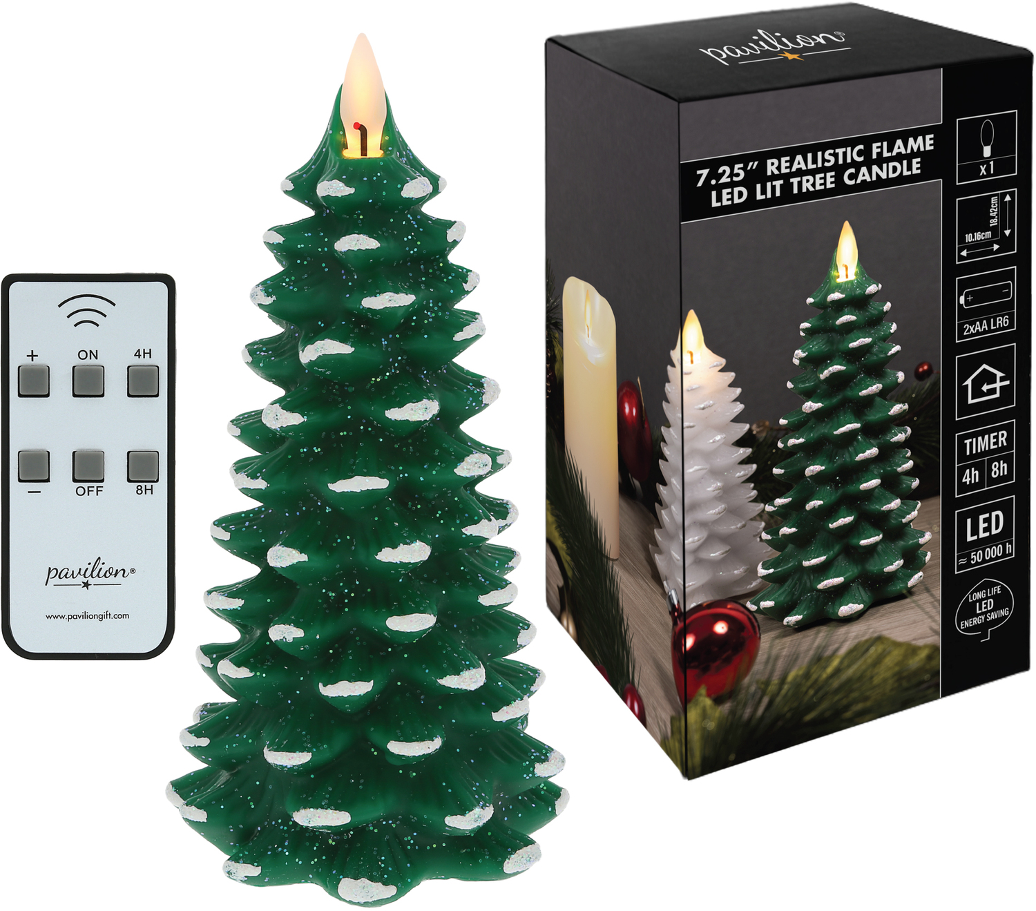 Green Frosted Pine Tree by Pavilion Accessories - Green Frosted Pine Tree - 7.25" Realistic Flame LED Lit Candle