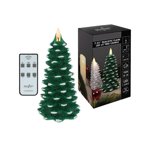 Green Frosted Pine Tree by Pavilion Accessories - 7.25" Realistic Flame LED Lit Candle